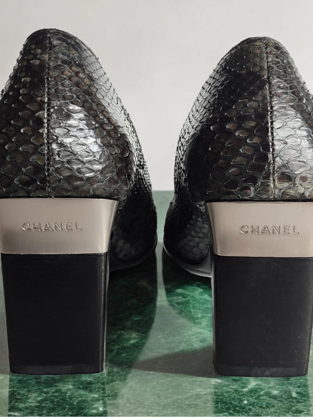 CHANEL 90's Vintage Snakeskin Pumps in Grey Square Toe Block Heel Back 37.5